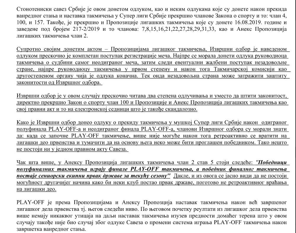 Crvena zvezda stoni tenis saopštenje