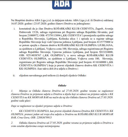 KK Crvena zvezda saopštenje ABA liga