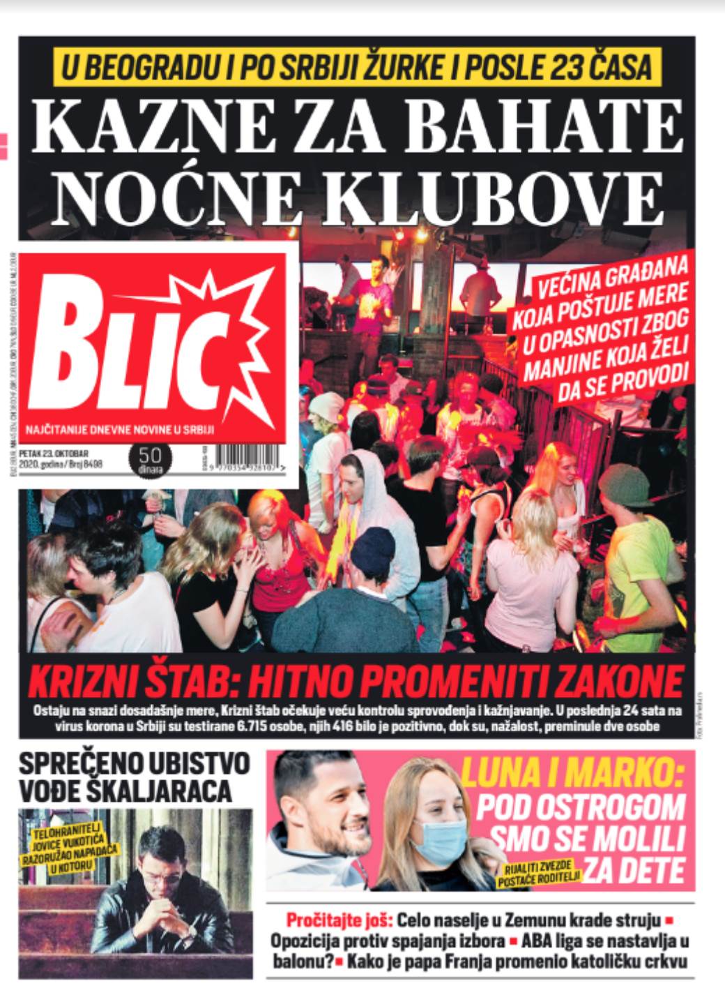 naslovne strane sutrasnjih novina 23 oktobar 2020 godine dnevne novine