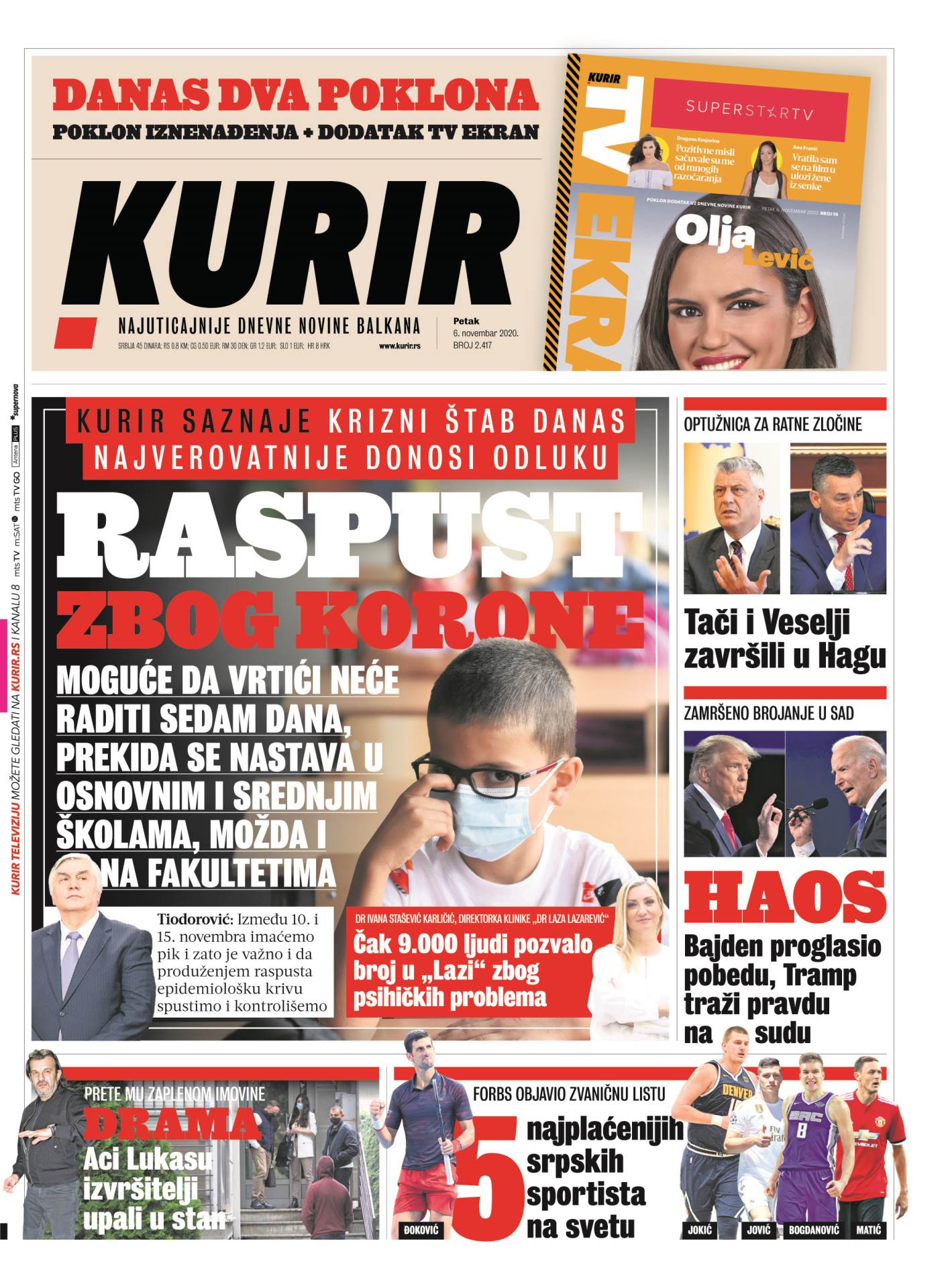 prelistavanje sutrasnje stampe 6 novembar 2020