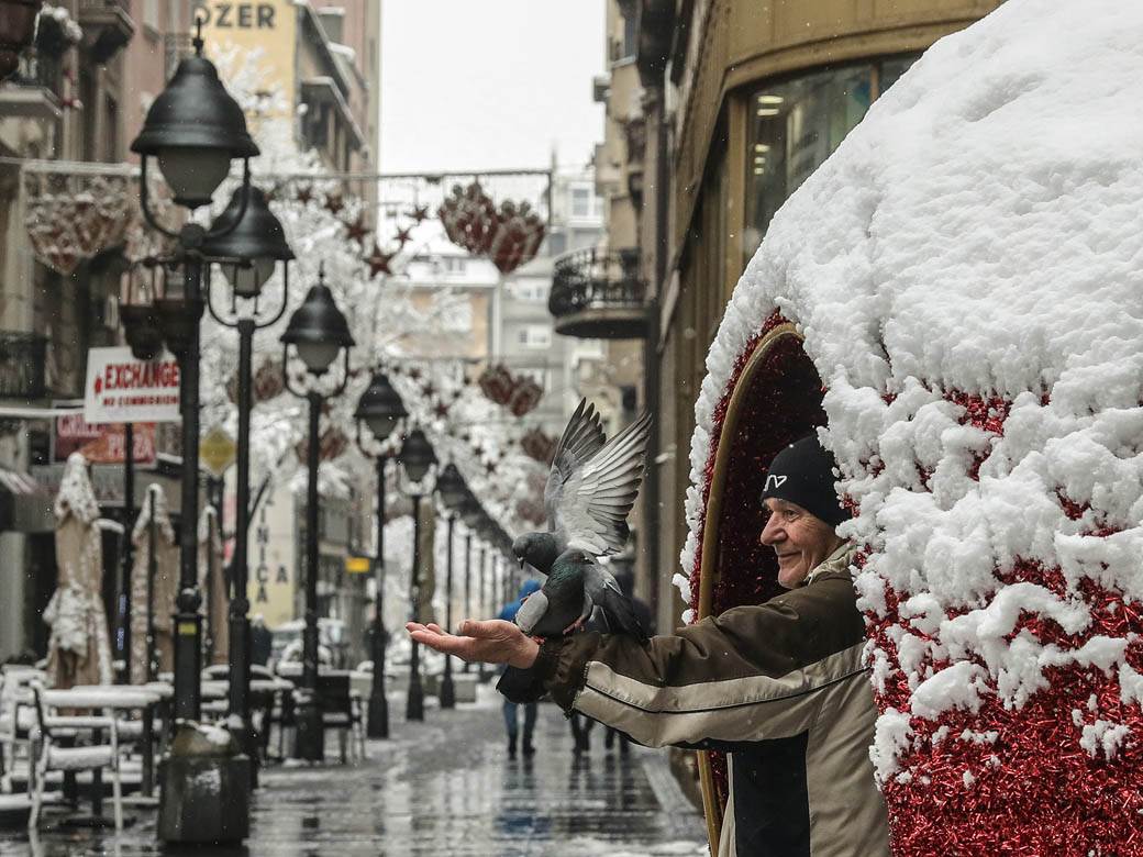 covek hrani golubove u beogradu sneg zima ulica ljudi fotografije