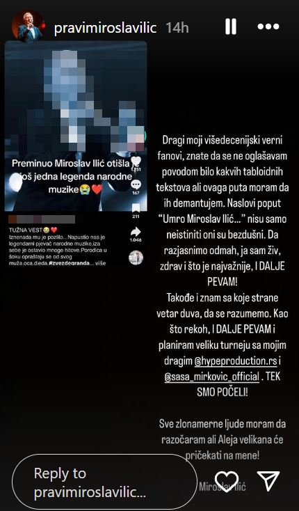 Miroslav Ilić demantovao da je umro