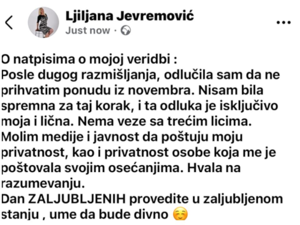 Ljiljana Jorgovanović objava veridba