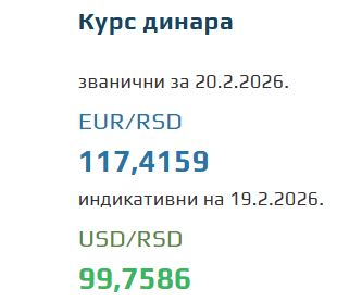 Kurs evra za 20. februar 2026