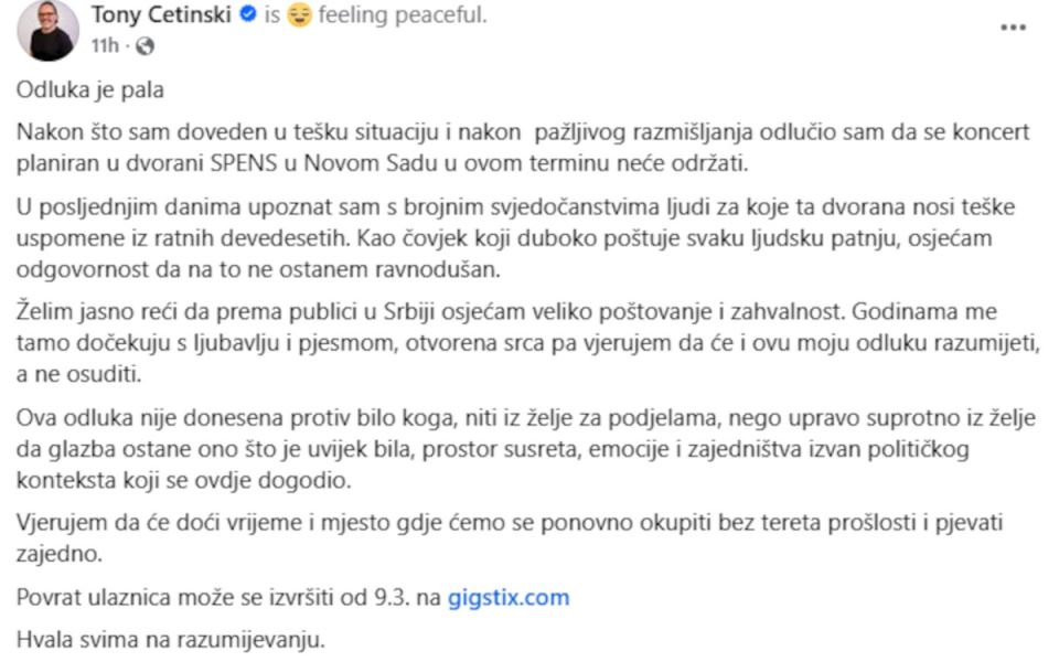 Toni Cetinksi otkazao koncert u NS