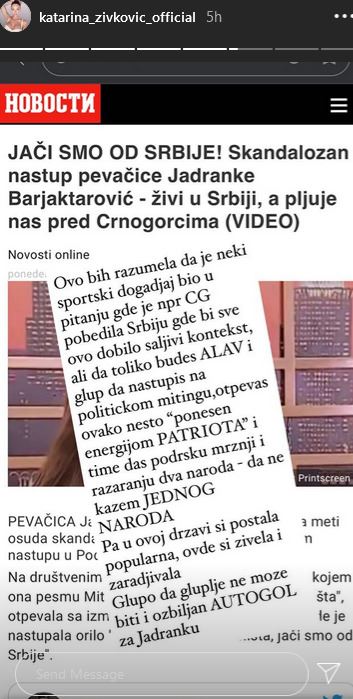 Jadranka Barjaktarović  jači smo od Srbije Katarina Živković reakcija Instagram 