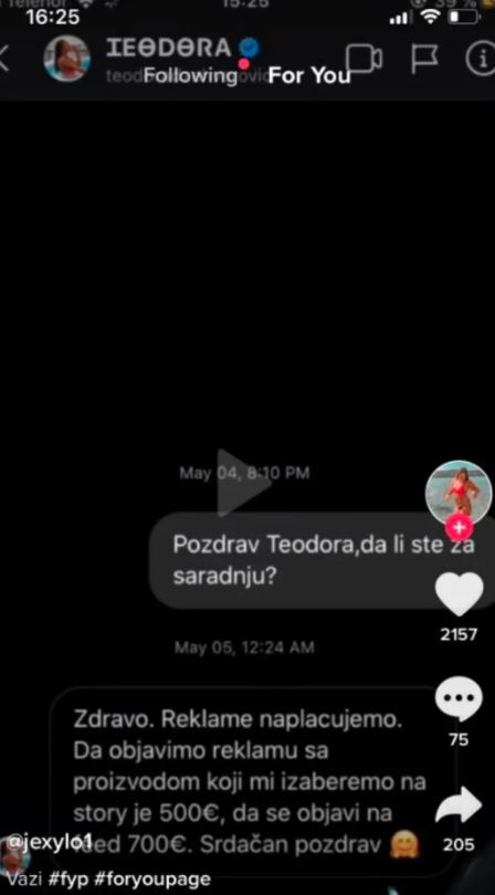 Teodora Džehverović Instagram zarada pevačica naplaćuje objave 500 i 700 evra