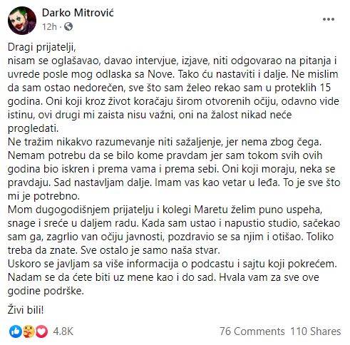 darko mitrovic otkaz uzivo nova s oglasio se prvi put